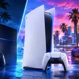 Konsola PS5 i PS4 na tle nocnego miasta. Czy GTA 6 będzie na PS4? Pytanie wisi w powietrzu, jak neonowe światła.