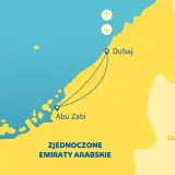 Mapa Zjednoczonych Emiratów Arabskich. Widać połączenie lotnicze między Dubajem, stolicą, a Abu Zabi.