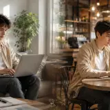 Junger Mann arbeitet am Laptop, einmal zu Hause, einmal im Café. Viele Möglichkeiten für 100 Home Office Jobs.