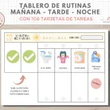 Un tablero de hábitos para rutinas diarias, con iconos para ir al baño, vestirse, desayunar y preparar la bolsa. Incluye un espacio para el nombre y una indicación para subir una pestaña al completar tareas.