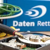 Ein geöffneter trekstor festplatte mit Werkzeugen und Kabeln daneben. Im Hintergrund eine blaue Box mit der Aufschrift "Daten Retten".