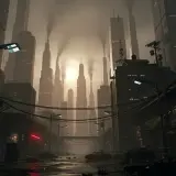 Mroczne miasto, dymiące wieżowce, druty kolczaste i zniszczone samochody. Wizja przyszłości, która ukazuje różnicę między dystopią a postapokalipsą w scenariuszach przyszłości.