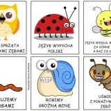 Zestaw kart do ćwiczeń logopedycznych: sowa czyści zęby, biedronka wypycha policzki, pszczoła jeździ językiem, dżdżownica wibruje wargami, ślimak robi groźną minę, mrówka uśmiecha się z zębami.