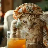 Kater-Katze mit Schal und Teebeutel im Glas. Was hilft gegen Kater? Vielleicht dieser Tee!