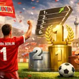 Piłkarz Union Berlin świętuje sukces. Na podium pierwsze miejsce, w tle berlińska wieża i trybuny pełne kibiców.