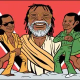 Trzej artyści w stylu calipso na tle flagi Trynidadu i Tobago.