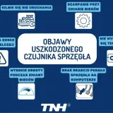 Objawy uszkodzonego czujnika sprzęgła: silnik nie uruchamia się, szarpanie przy zmianie biegów, błąd na desce rozdzielczej, wysokie obroty, brak reakcji pedału sprzęgła.