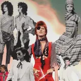 Estilo de los años 70: collage de moda con David Bowie, John Travolta y modelos con atuendos icónicos de la época.