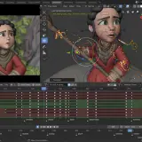 Ein Charakter wird in einer 3D-Animationssoftware mit detaillierten Rigging-Kontrollen animiert.