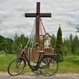 Rower przy kapliczce w Hajnówce, Białowieża. Drewniany krzyż z figurką Chrystusa i Matki Boskiej, otoczony zielenią i polnymi kwiatami.