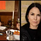 Nina Hemmingsson, med sitt karakteristiska uttryck, sitter vid ett bord med pennor och ett glas rödvin.