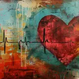 Abstrakcyjne serce z linią EKG, symbolizujące arytmię serca. Tło pełne kolorowych plam i smug.