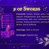 Karta 9 mieczy tarot: osoba pogrążona w zmartwieniach, symbolizująca lęk i bezsenność.