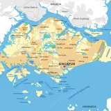Mapa pokazuje gdzie leży Singapur, otoczony przez Malezję i Indonezję, z licznymi wyspami i cieśninami.