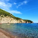 Kamienista plaża w Czarnogórze z turkusową wodą i zielonym wzgórzem w tle.