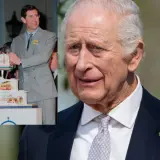 Król Karol, gdy miał 49 lat, kroi tort. Obok jego obecne zdjęcie.