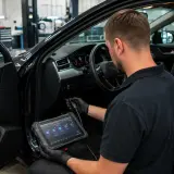 Mechanik wykonuje diagnostykę komputerową samochodu, używając tabletu do analizy systemów pojazdu.