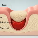 Sezione della gengiva dopo estrazione dente: coagulo di sangue e fibrina nel cavo osseo.