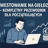 Mężczyzna uczy się inwestowania na giełdzie przy laptopie. Grafiki pokazują wzrosty i monety euro.