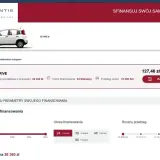 Strona z ofertą finansowania samochodu Fiat. Widoczny biały Fiat Panda, cena 65 900 zł, miesięczna rata 127,46 zł. Możliwość dostosowania parametrów finansowania.