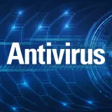 Niebieskie tło z cyfrowym wzorem, napisem "Antivirus" i ikoną kłódki.