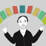 Mężczyzna z rękami w górze, otoczony książkami, jakby mierzył "pulse" rozdziału. Objawy braku dynamiki w scenie.