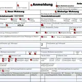 Formular zur Anmeldung einer neuen Wohnung. Wichtige Felder sind: Gemeindekennzahl, Adresse, Tag des Einzugs, Familienname, Geburtsname, Geburtsdatum und Staatsangehörigkeit.