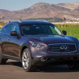 Elegancki, ciemnobordowy Infiniti QX70 stoi na tle krajobrazu z polami i górami.