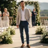 Elegancki mężczyzna na weselu bez garnituru: jasna marynarka, biała koszula, granatowe spodnie. Inspiracja, jak ubrać faceta na wesele bez garnituru.