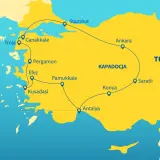 Mapa turystyczna Turcji z zaznaczonymi miastami: Stambuł, Ankara, Kapadocja, Saratli, Konya, Antalya, Pamukkale, Efez, Pergamon, Canakkale, Troja.