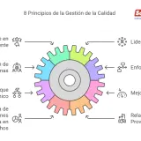 Diagrama de engranajes que ilustra los 8 principios de la gestión de la calidad, incluyendo enfoque al cliente, liderazgo y mejora continua.