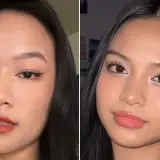 Två närbilder på en ung kvinna med olika douyin makeup-stilar. Den vänstra visar en mer dramatisk look med eyeliner och mörkt läppstift, medan den högra har en mjukare, glansigare finish.