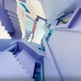 Escaleras y fachadas de color lavanda y blanco, con toques turquesa, que recuerdan a la muralla roja de Calpe.
