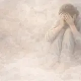 Kobieta siedzi skulona, zakrywając twarz dłońmi. W jej postawie widać głęboki smutek i wyrzuty sumienia po śmierci mamy.