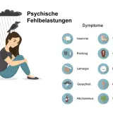 Eine Frau sitzt unter einer Regenwolke mit einem Raben auf dem Kopf. Daneben sind Symptome psychischer Fehlbelastungen wie Schlaflosigkeit, Lethargie und Depressionen aufgelistet.