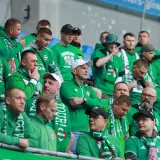 Kibice Radomiaka Radom w zielonych barwach na trybunach podczas meczu Piast Gliwice – Radomiak Radom.