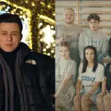 Młody mężczyzna przed świątecznymi iluminacjami i grupa osób w strojach z napisem TEAM X, jakby po obozie.