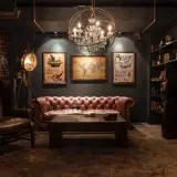 Sofá de cuero, sillón y mapa del mundo en una sala con decoración steampunk. Lámpara de pie industrial y estanterías llenas de libros.