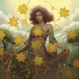 Kobieta otoczona siedmioma złotymi gwiazdami, symbolizującymi 7 denarów tarot. Wiosenna aura i bujna roślinność.