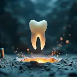 Jasny ząb unosi się nad rozżarzonym kraterem, symbolizując nadzieję na nowe rozwiązanie co zamiast implantu.