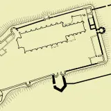 Plan zamku Frombork z widocznymi murami obronnymi, dziedzińcami i budynkami.