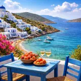 Un perfecto día de viaje a las islas griegas: mesa azul con fruta y vino, frente a un mar turquesa y casas blancas en la ladera.