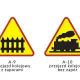 Znaki ostrzegawcze: przejazd kolejowy z zaporami (płotek) i przejazd kolejowy bez zapór (lokomotywa).