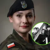 Kobieta w mundurze wojskowym z orłem na beretce, obok w kółku czarno-białe zdjęcie czterech kobiet w wojskowych strojach. Dwie gwiazdki w wojsku, przeszłość i teraźniejszość.