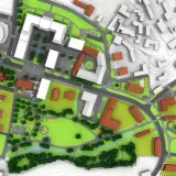 Projekt zagospodarowania przestrzennego: nowoczesne budynki, tereny zielone, jezioro i drogi tworzą spójną całość.