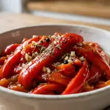 Poivrons marinés rouges, coupés en lanières, baignant dans une huile parfumée avec de l'ail et des herbes. Un délice pour accompagner vos plats.