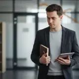 Młody mężczyzna z wyższym wykształceniem, trzymający tablet i notatnik, w nowoczesnym biurze.