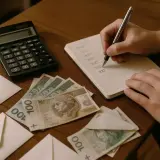 Koperty, banknoty 100 zł, kalkulator i notatnik z zapiskami.
