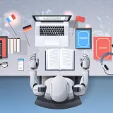 Robot tłumaczy książki, symbolizując przyszłe skutki tłumaczenia książek przez AI dla jakości literackiej 2026.