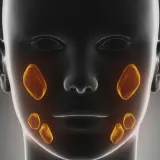 Anatomical rendering of a human head showing salivary glands highlighted in yellow. This visualization helps understand the location of potential kamica ślinianek.